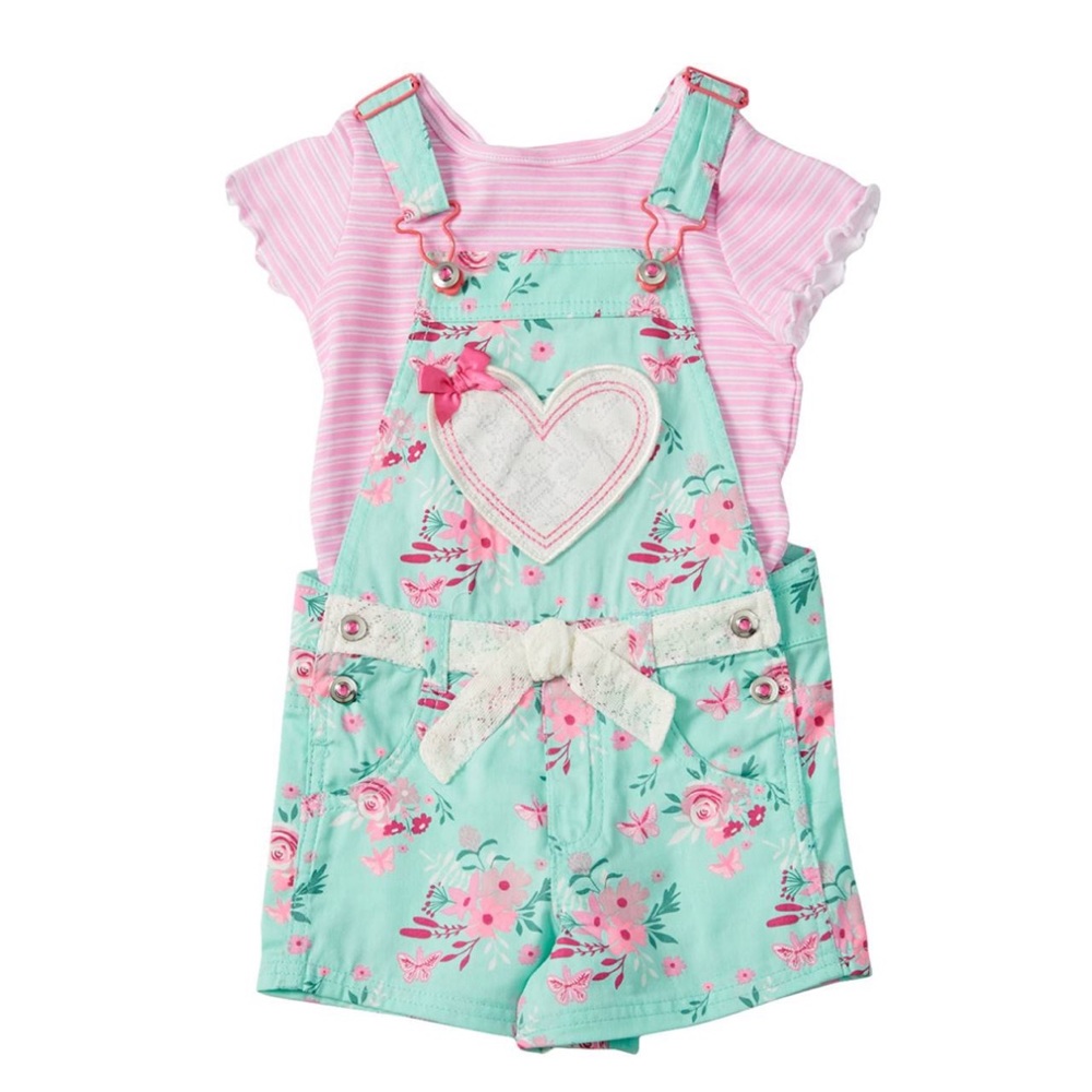 Girl’s Teal Pink Floral Lace Heart Shortalls Set